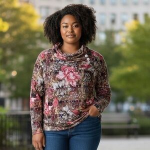 Ruby Rd. Top Red/Tan Floral Cowl Neck in Size 2X  NWT